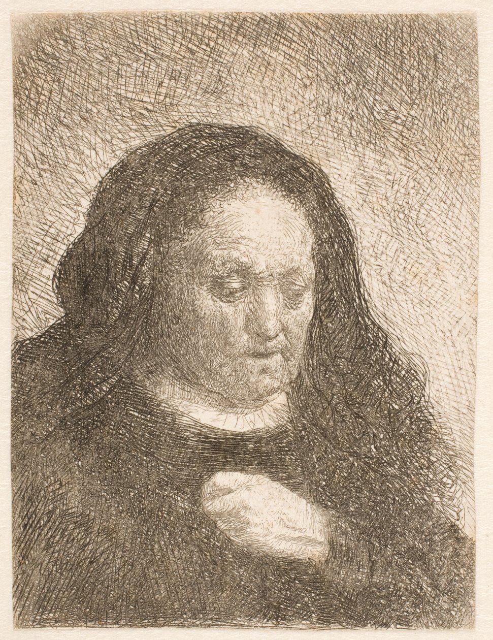 Rembrandtova matka s rukou na hrudi: malá busta od Rembrandt van Rijn