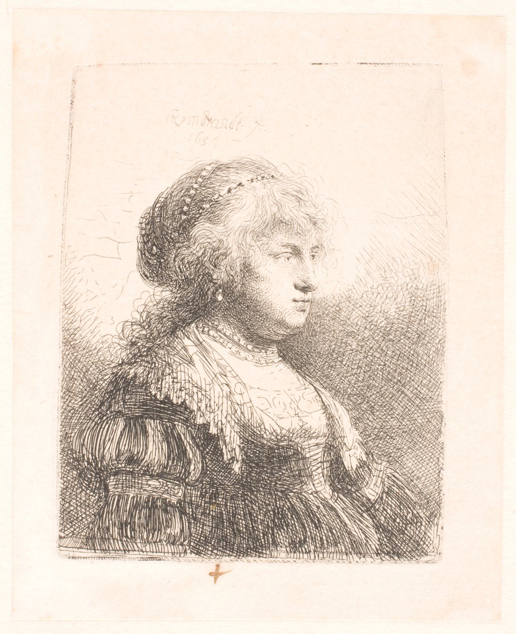 Rembrandtova manželka Saskia s perlami ve vlasech, poprsí od Rembrandt van Rijn