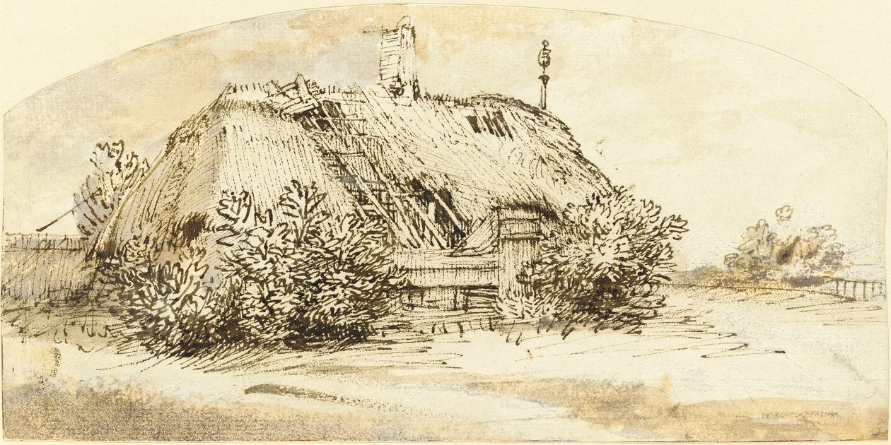 Zničená došková chalupa zarostlá křovím od Rembrandt van Rijn