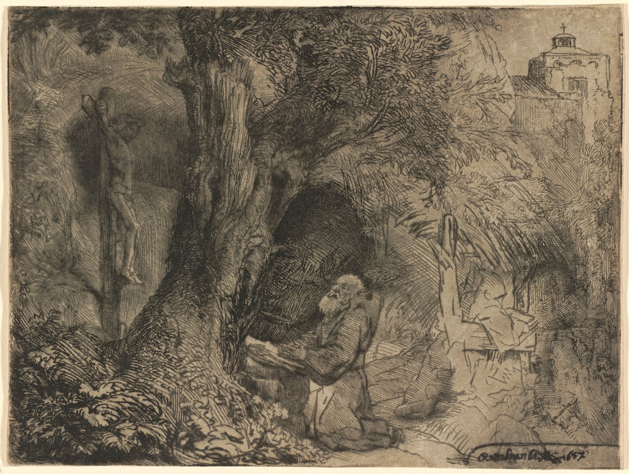 Svatý František pod stromem se modlí od Rembrandt van Rijn