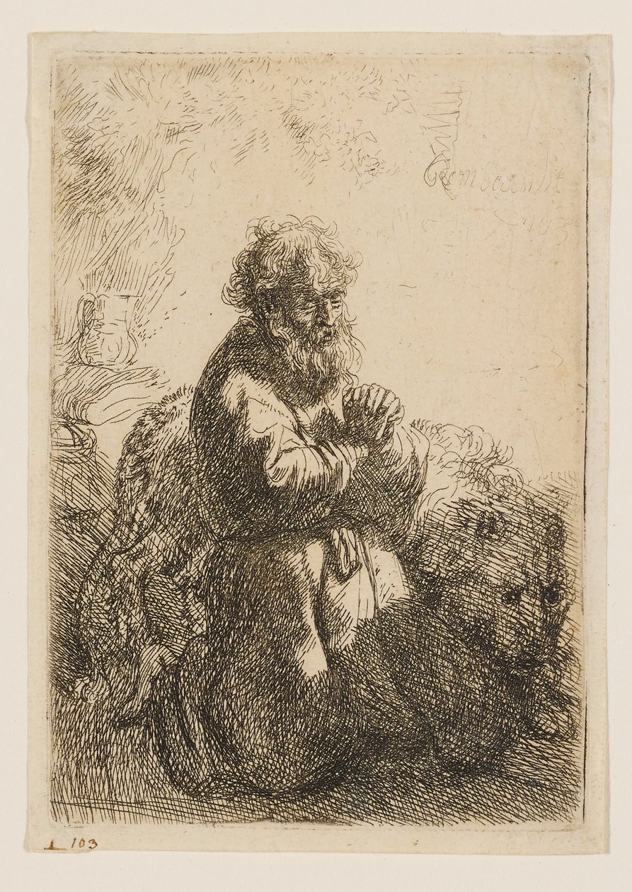 Svatý Jeroným klečí v modlitbě a sklání zrak od Rembrandt van Rijn
