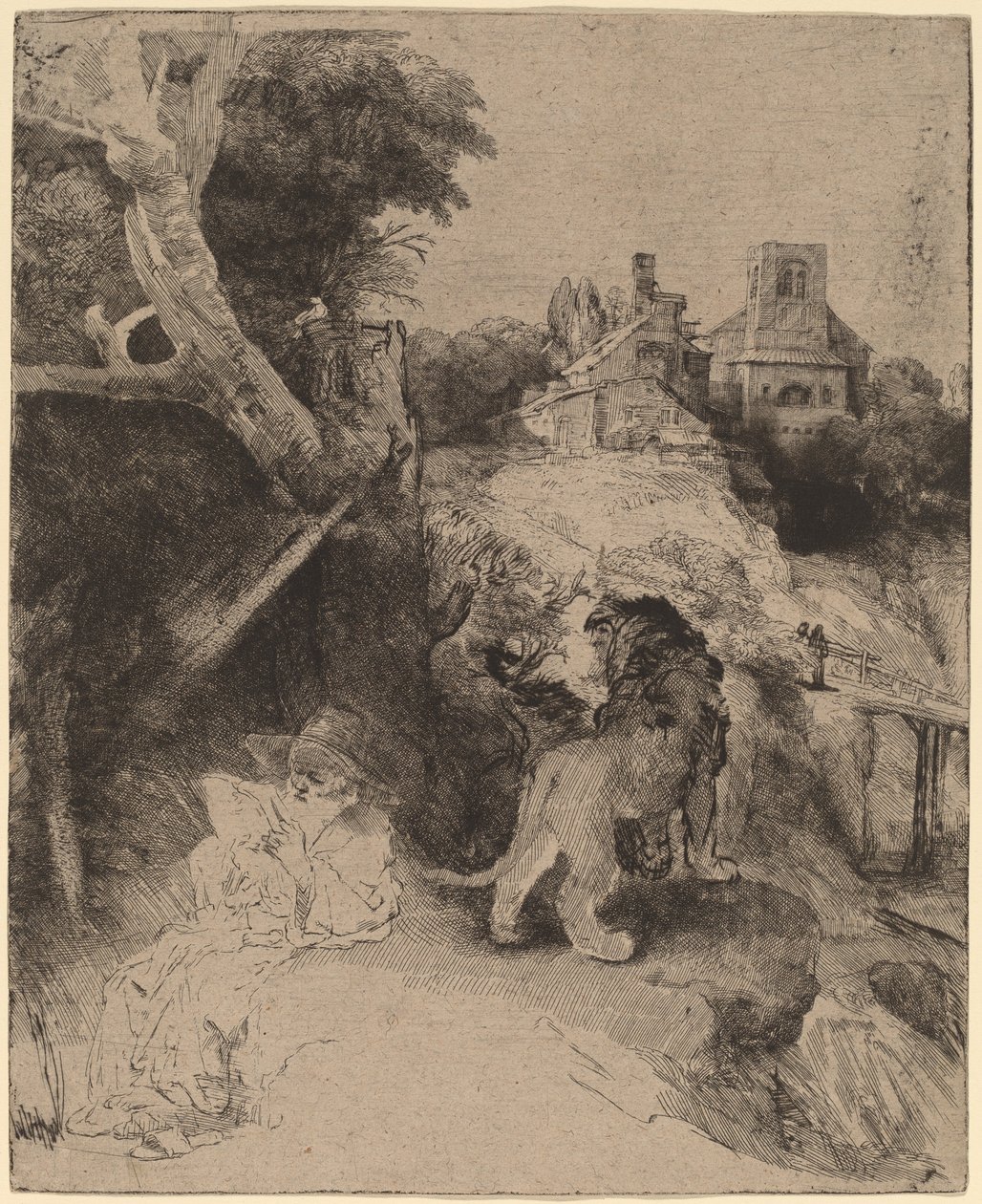 Svatý Jeroným Čtení v italské krajině od Rembrandt van Rijn