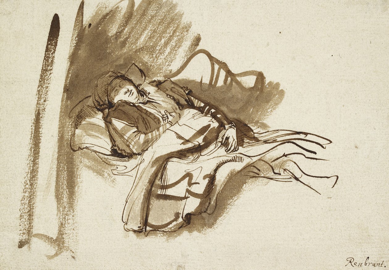 Saskia spí v posteli (pero a hnědá tuš) od Rembrandt van Rijn