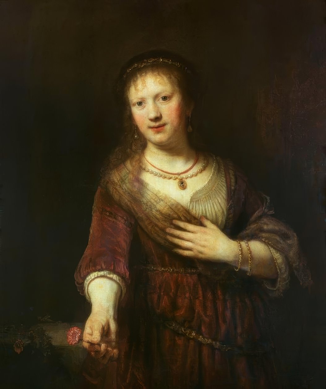 Saskia s červeným květem od Rembrandt van Rijn