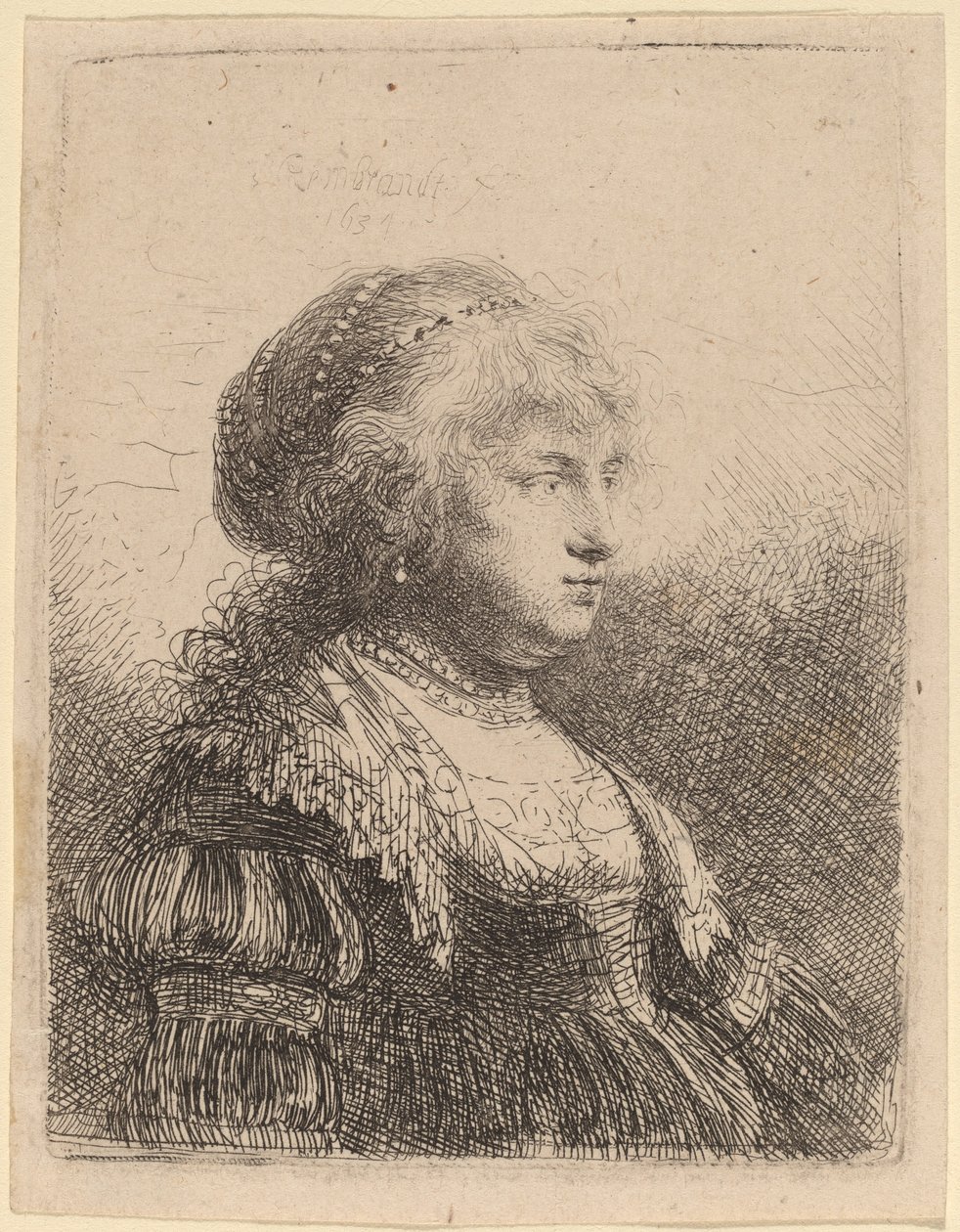 Saskia s perlami ve vlasech od Rembrandt van Rijn