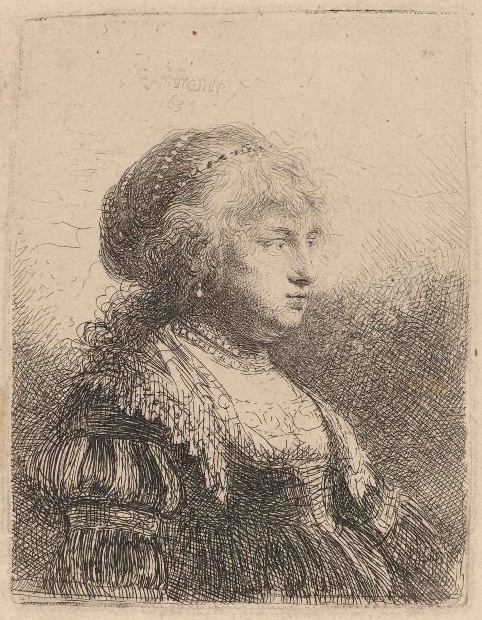 Saskia s perlami ve vlasech, 1634 od Rembrandt van Rijn