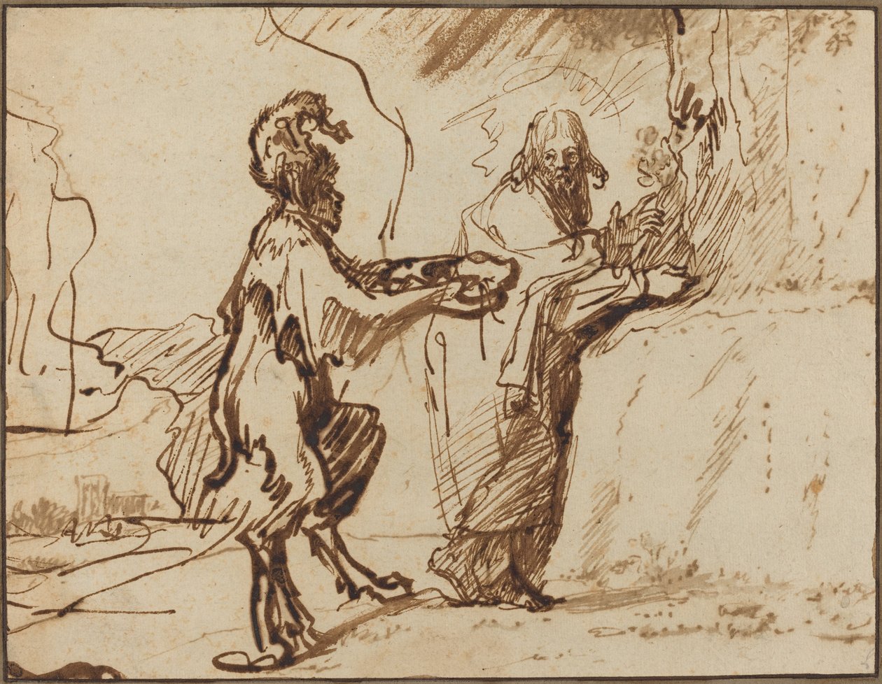 Satan pokouší Krista, aby změnil kameny na chléb od Rembrandt van Rijn
