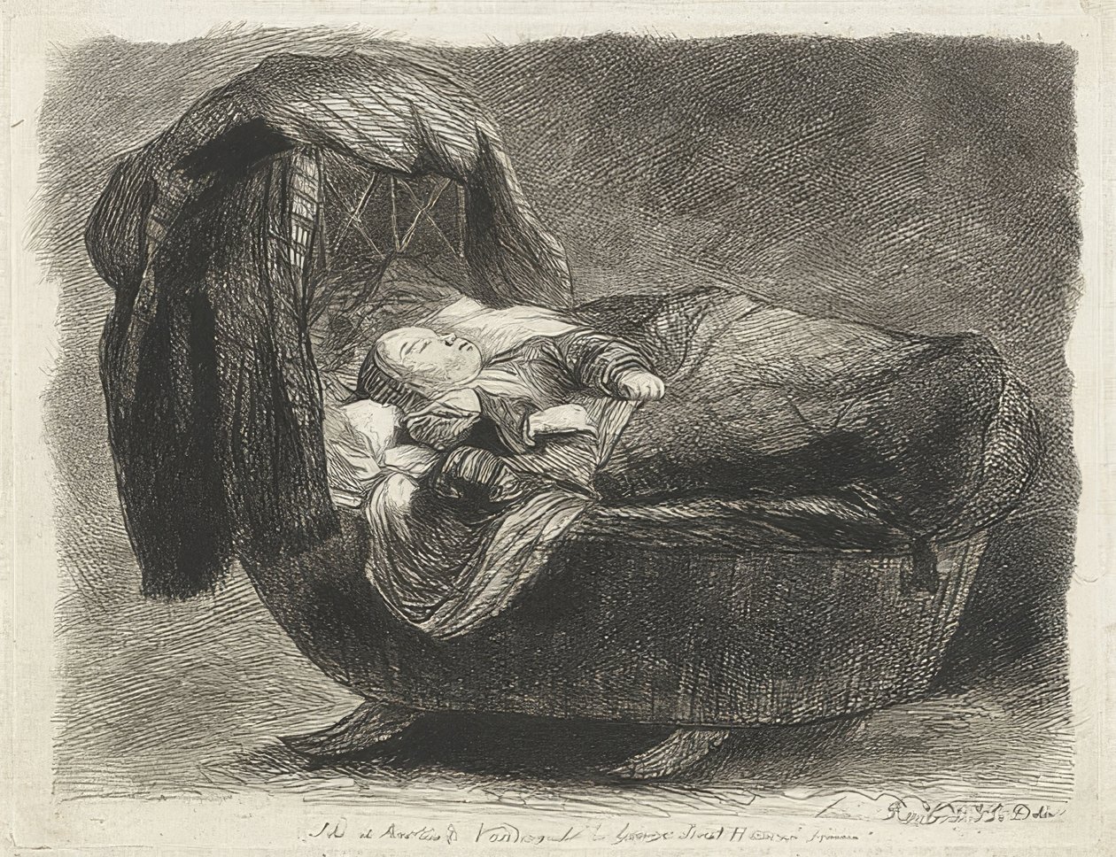Spící dítě v kolébce (Slapend child in een wieg) od Rembrandt van Rijn