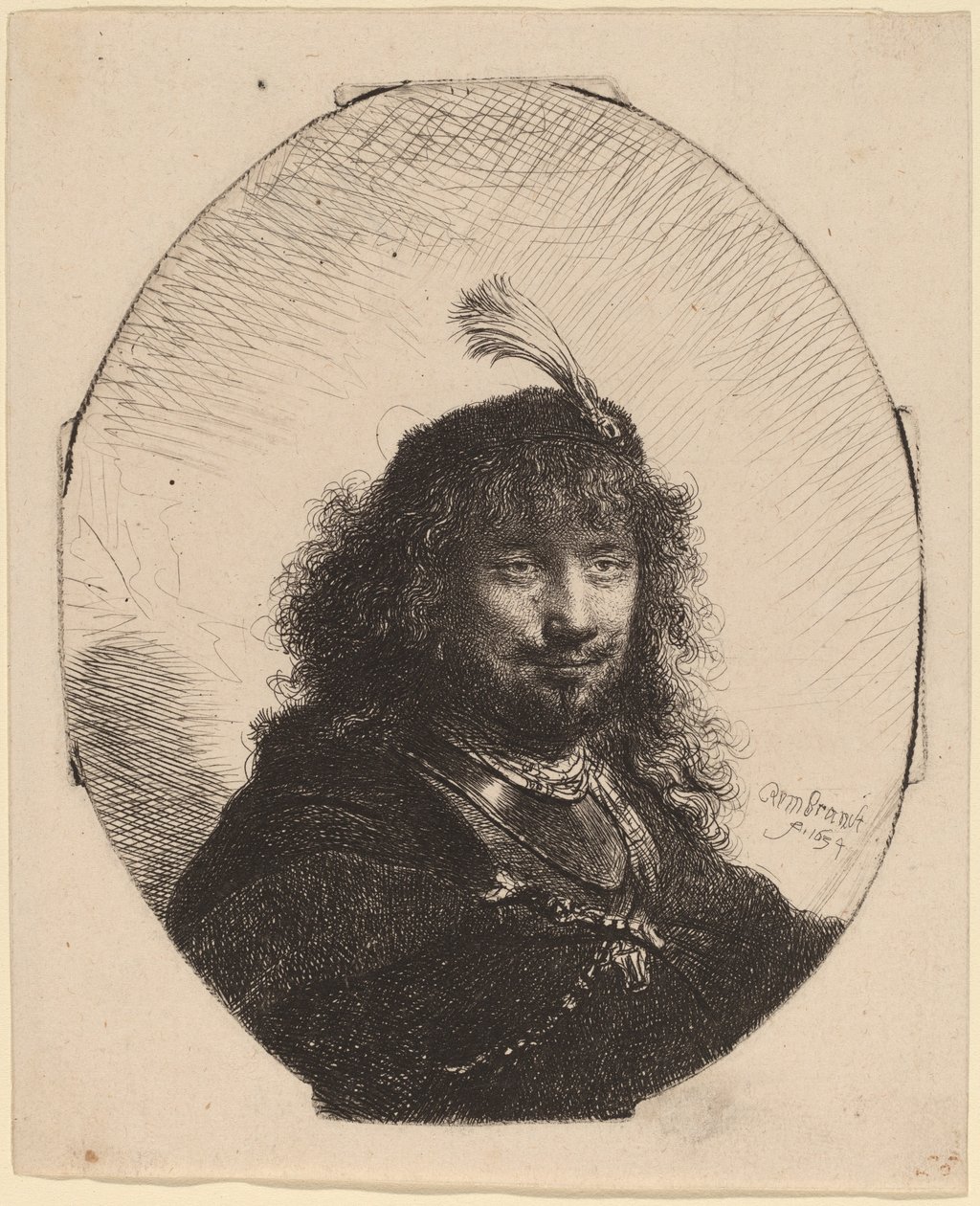 Autoportrét (?) s opeřenou čepicí a spuštěnou šavlí od Rembrandt van Rijn