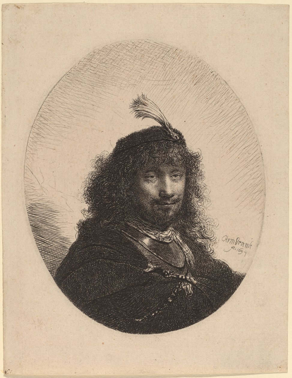 Autoportrét (?) s opeřenou čepicí a spuštěnou šavlí od Rembrandt van Rijn
