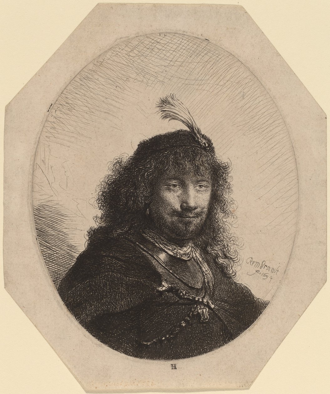 Autoportrét (?) s opeřenou čepicí a spuštěnou šavlí od Rembrandt van Rijn