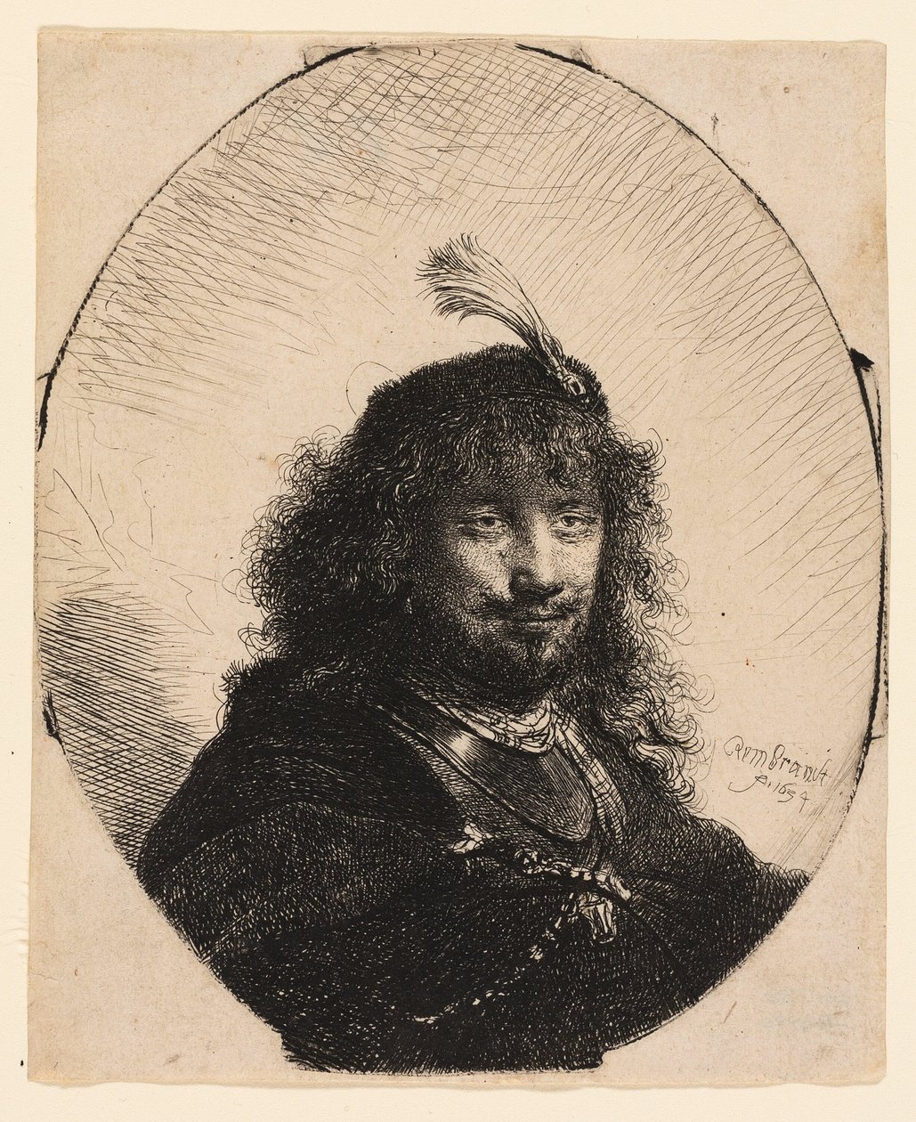 Autoportrét (?) s opeřenou čepicí a spuštěnou šavlí od Rembrandt van Rijn