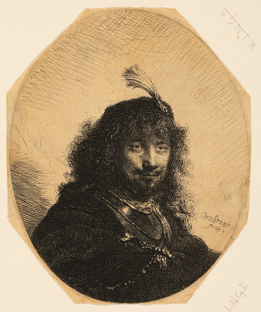 Autoportrét (?) s opeřenou čepicí a spuštěnou šavlí od Rembrandt van Rijn