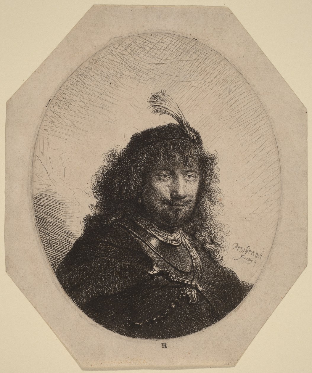 Autoportrét () s péřovou čepicí a spuštěnou šavlí od Rembrandt van Rijn