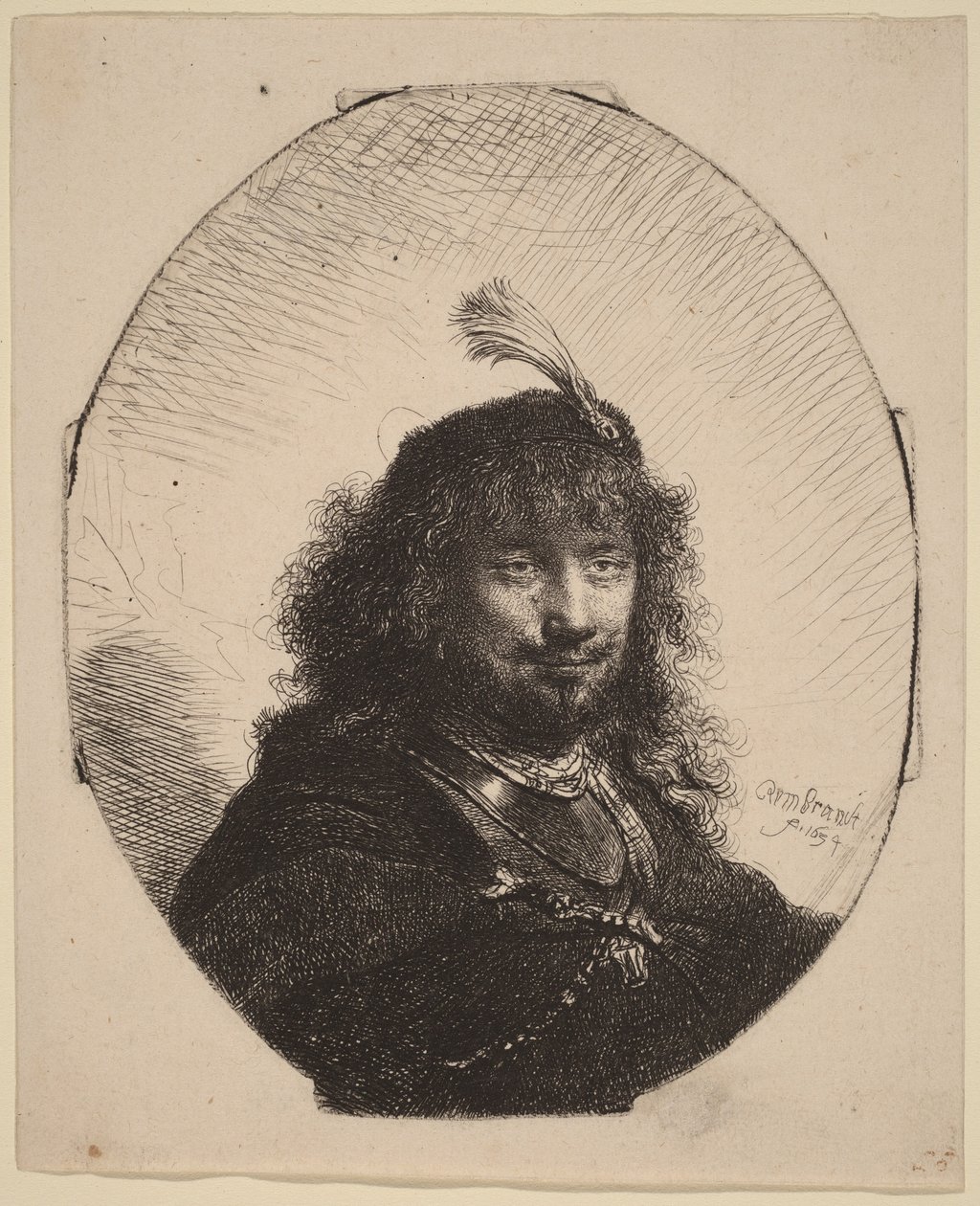 Autoportrét () s péřovou čepicí a spuštěnou šavlí od Rembrandt van Rijn