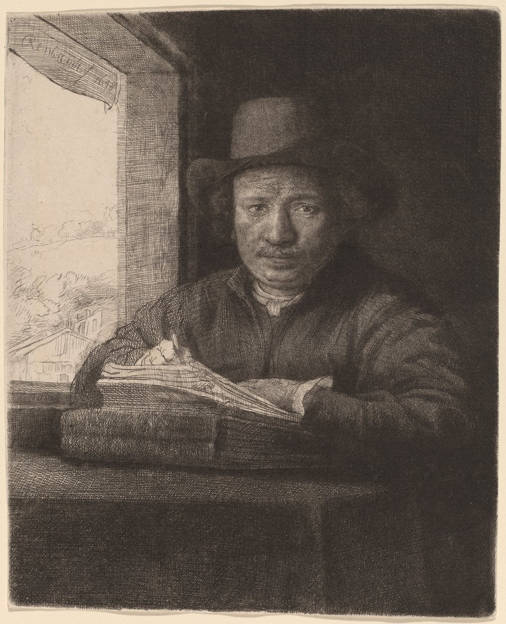 Kresba autoportrétu v okně od Rembrandt van Rijn
