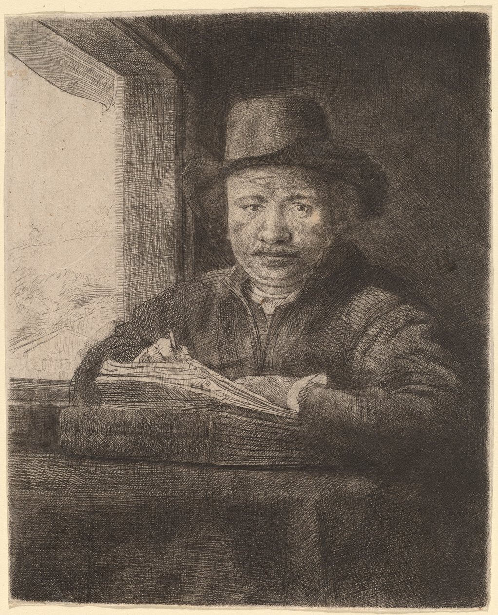 Kresba autoportrétu v okně od Rembrandt van Rijn
