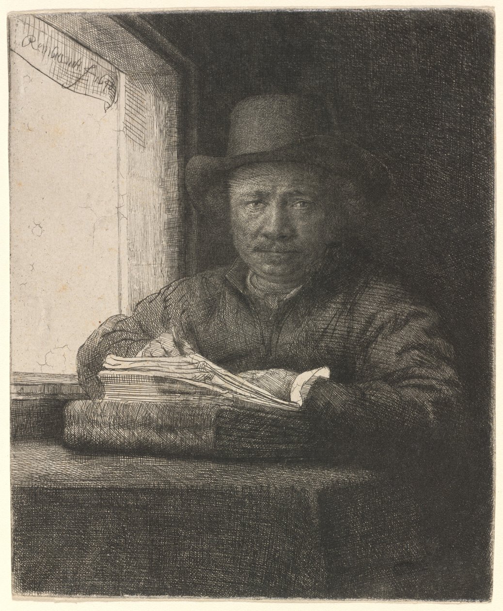 Kresba autoportrétu v okně od Rembrandt van Rijn
