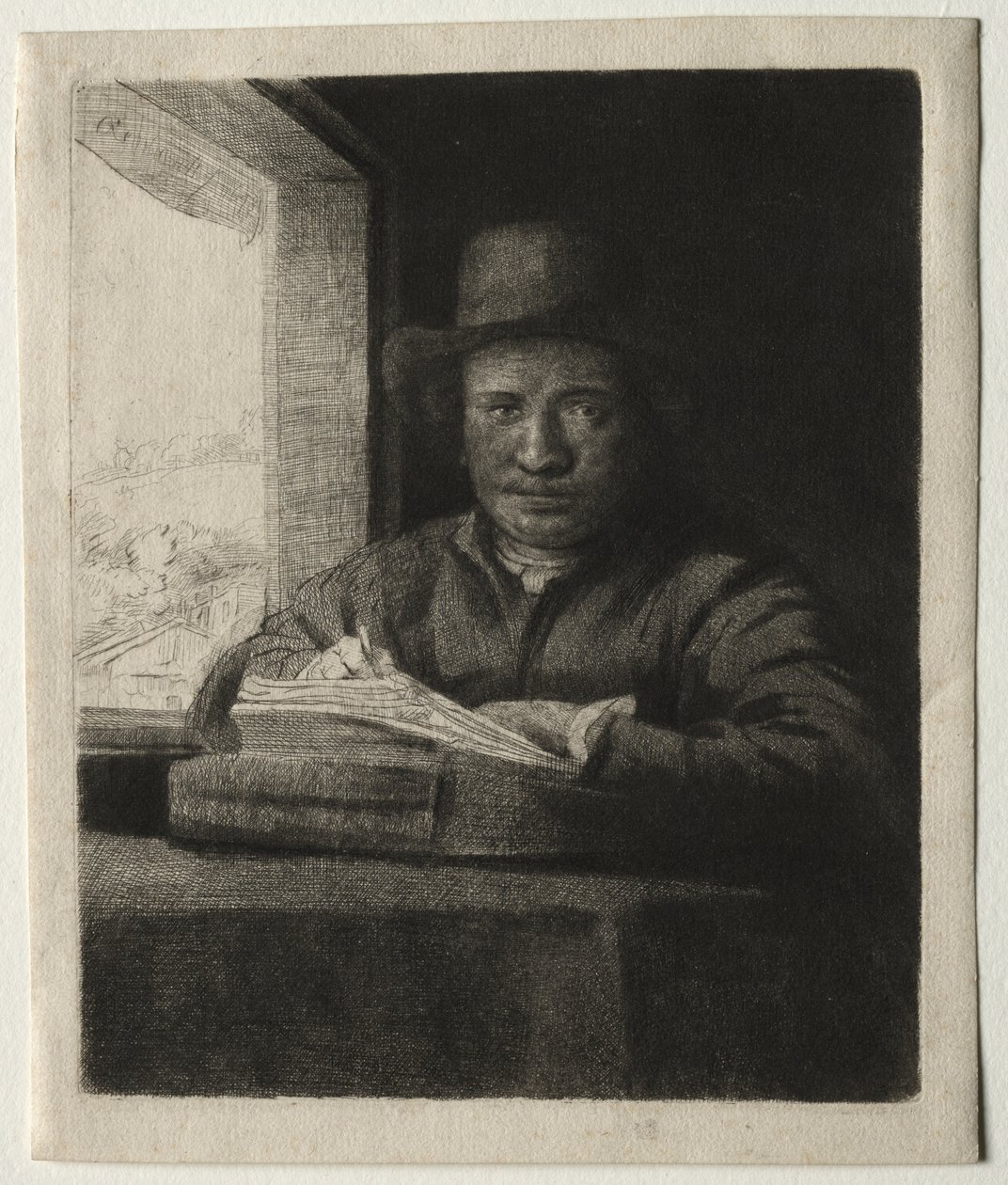 Kresba autoportrétu v okně od Rembrandt van Rijn