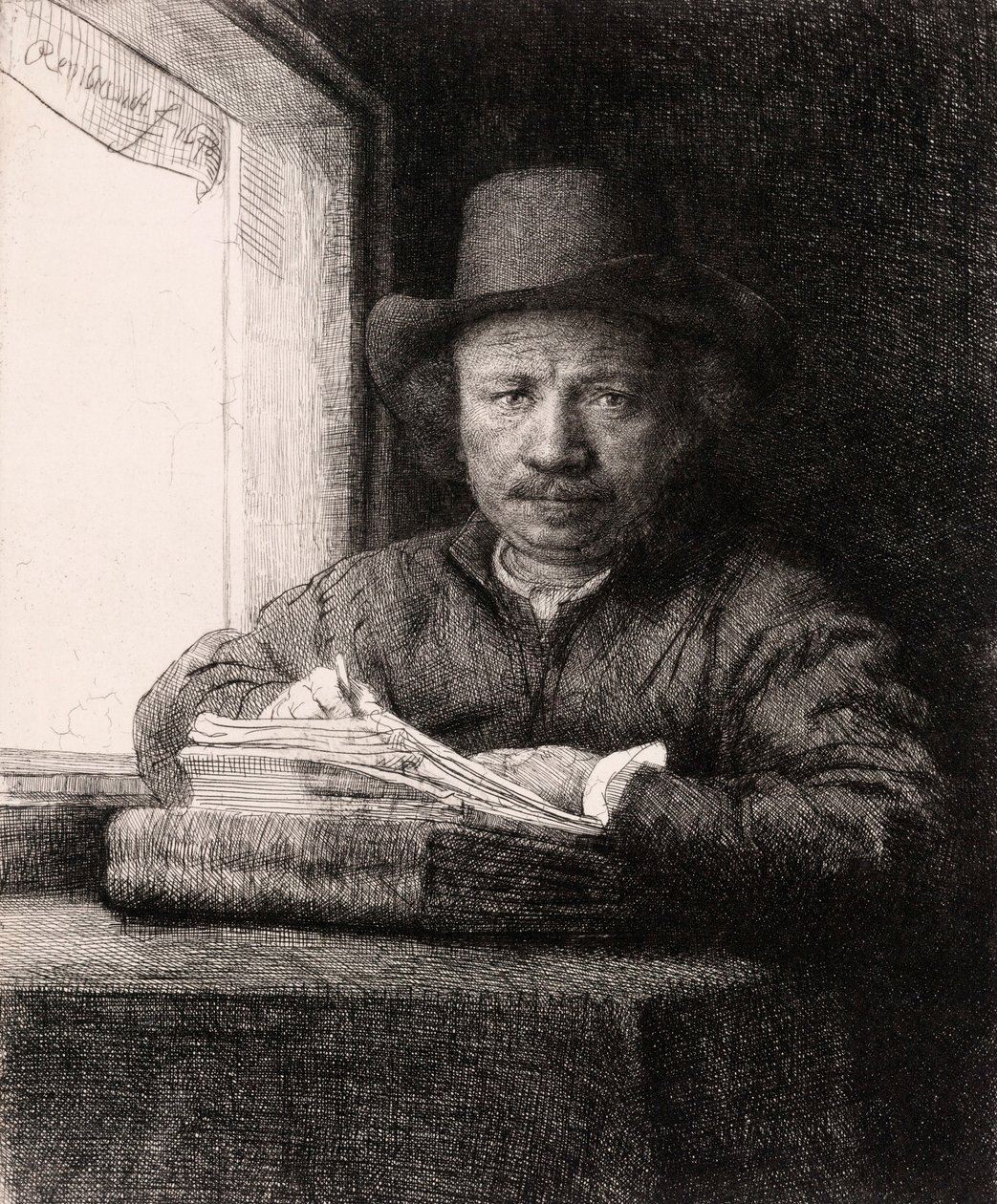 Kresba autoportrétu v okně od Rembrandta van Rijna od Rembrandt van Rijn