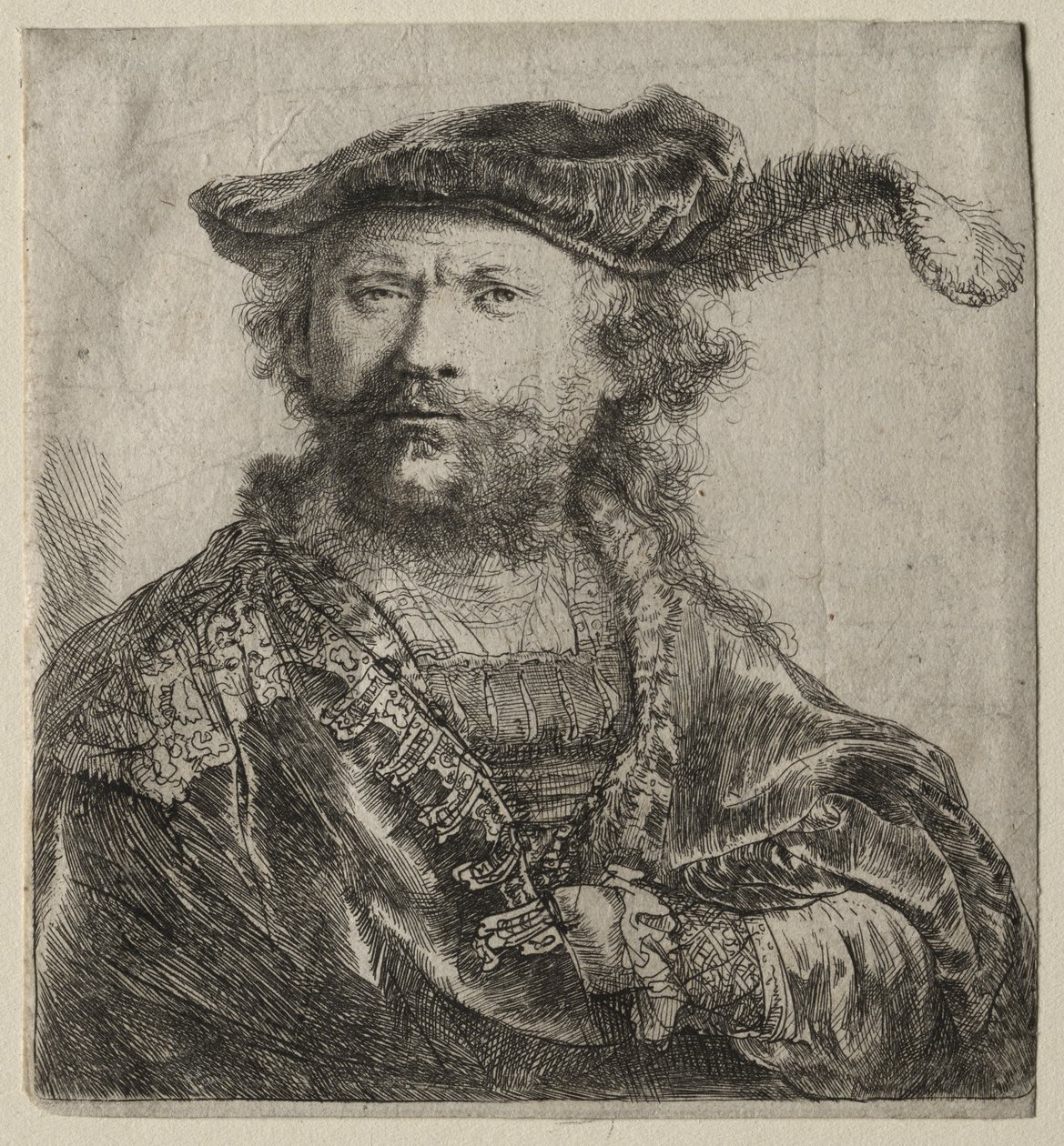 Autoportrét v sametové čepici s chocholem od Rembrandt van Rijn