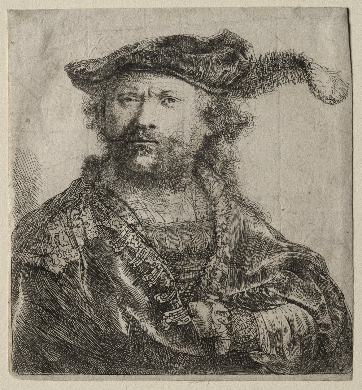 Autoportrét v sametové čepici s chocholem, 1638. od Rembrandt van Rijn