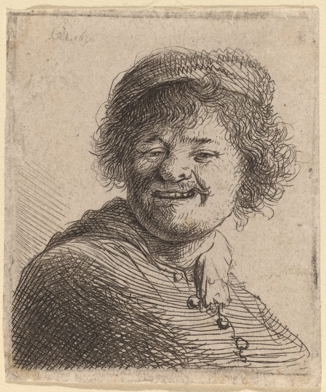 Autoportrét v čepici: Laughing od Rembrandt van Rijn