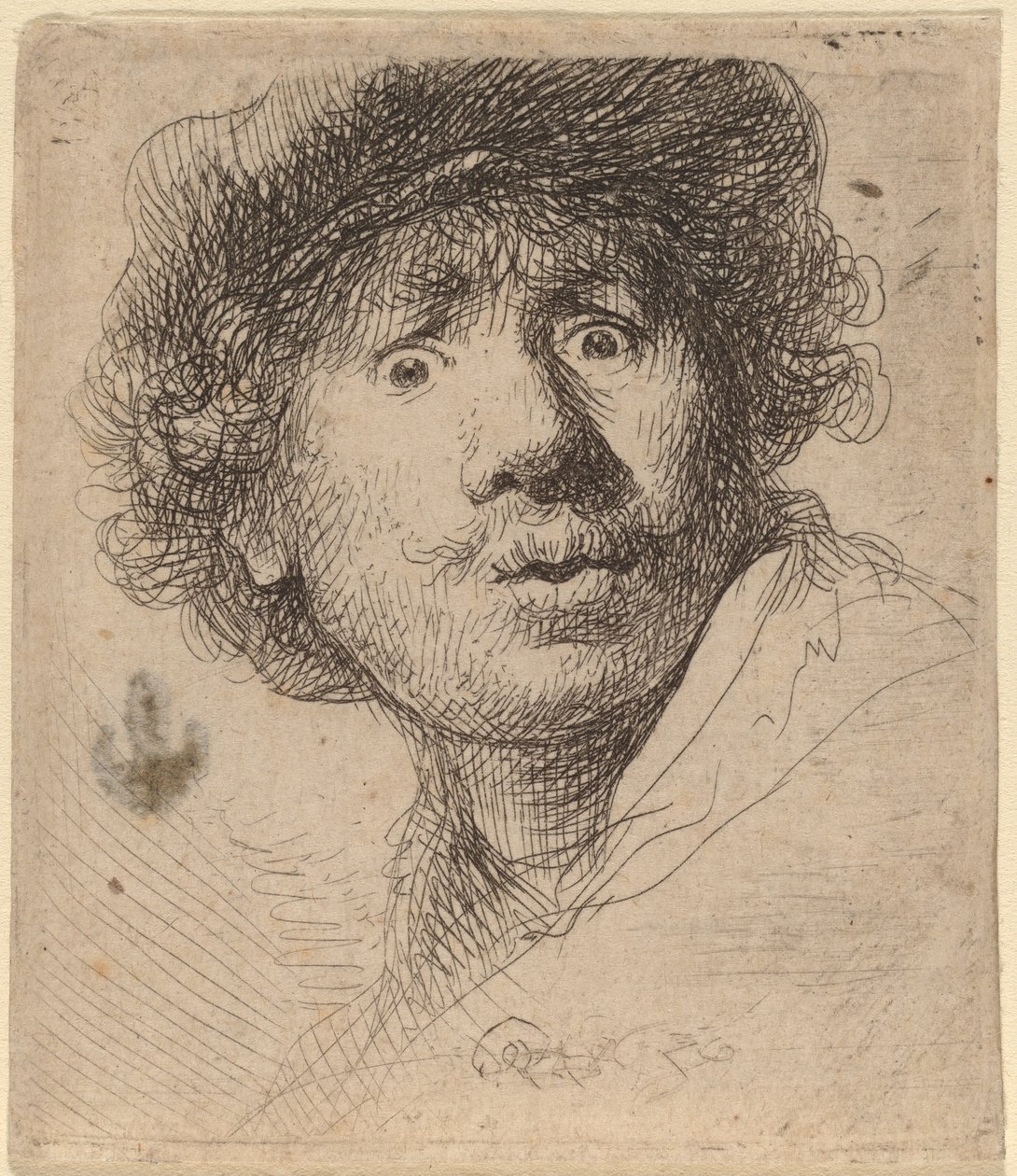 Autoportrét v čepici, s otevřenými ústy od Rembrandt van Rijn