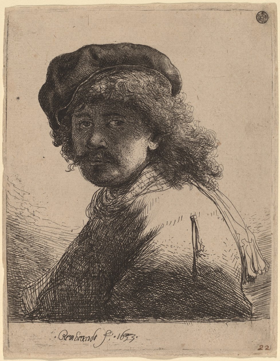 Autoportrét v čepici a šátku s tmavou tváří od Rembrandt van Rijn