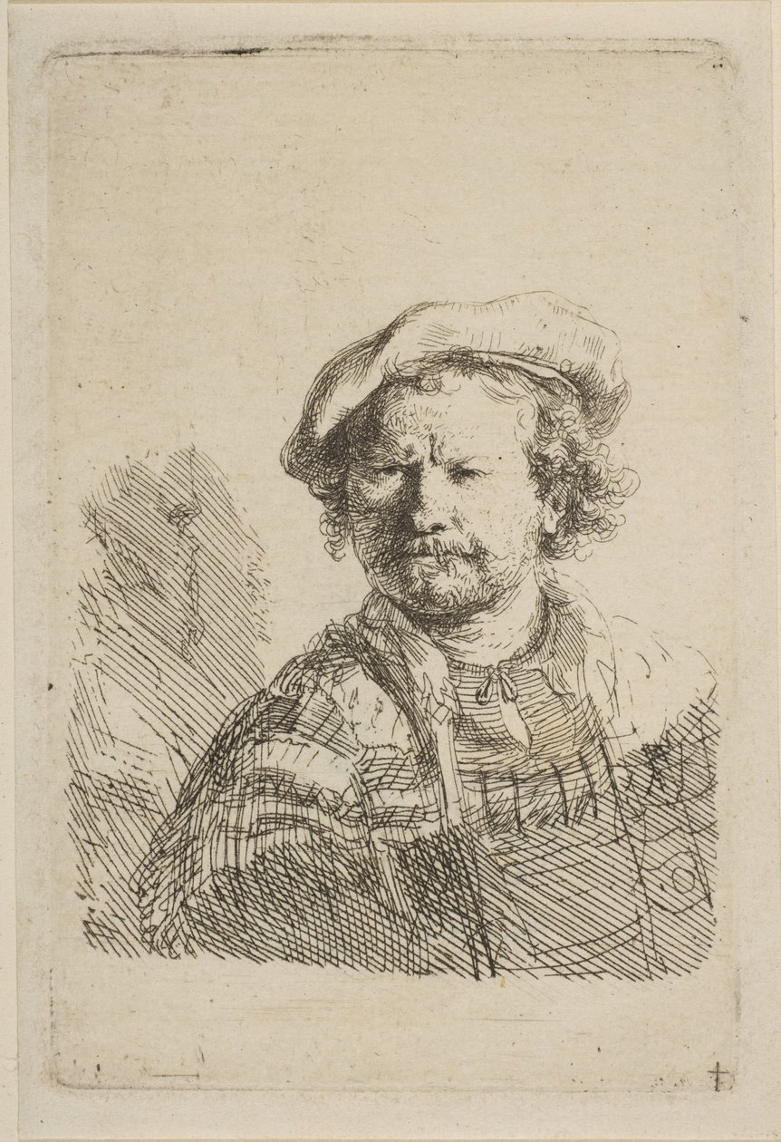 Autoportrét v ploché čepici a vyšívaných šatech, ca. 1642. od Rembrandt van Rijn