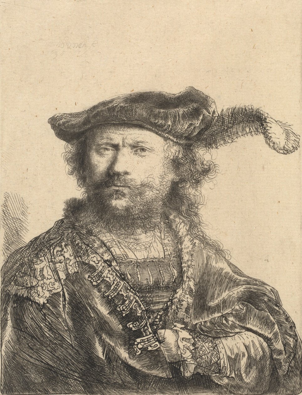 Autoportrét v sametové čepici s chocholem, 1638. od Rembrandt van Rijn