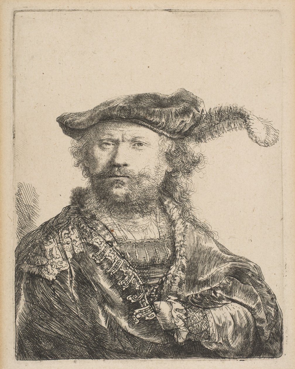 Autoportrét v sametové čepici s chocholem, 1638. od Rembrandt van Rijn