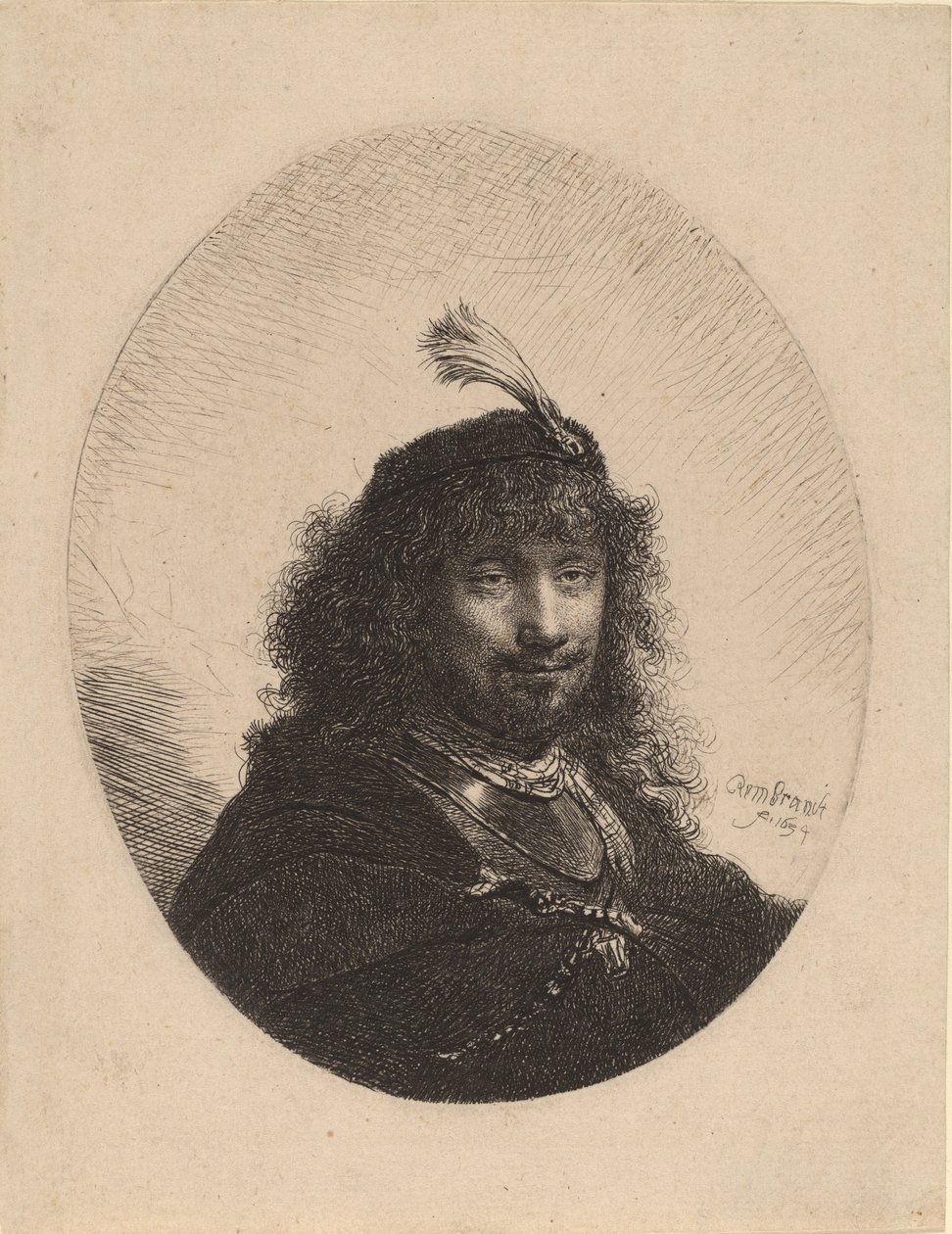 Autoportrét s opeřenou čepicí a spuštěnou šavlí, 1634. od Rembrandt van Rijn