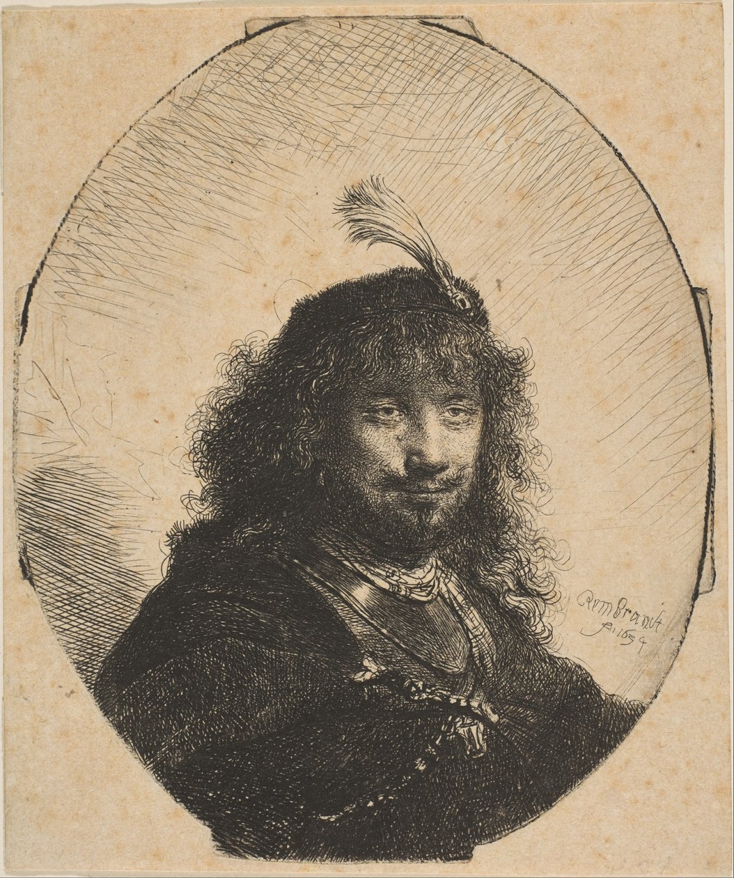 Autoportrét s opeřenou čepicí a spuštěnou šavlí, 1634. od Rembrandt van Rijn