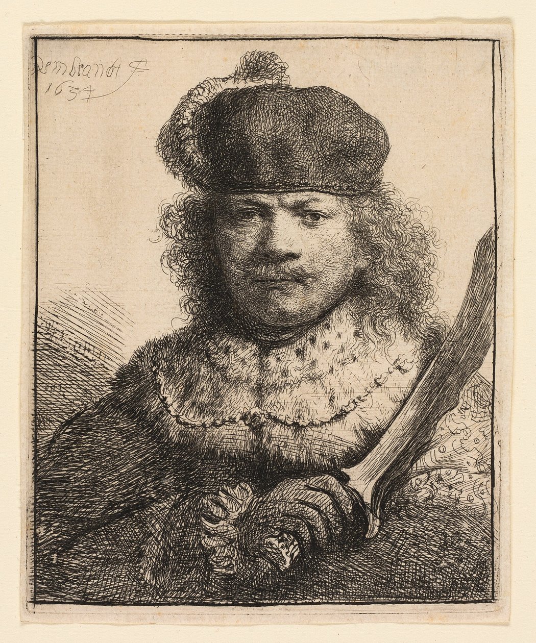 Autoportrét se vztyčenou šavlí od Rembrandt van Rijn