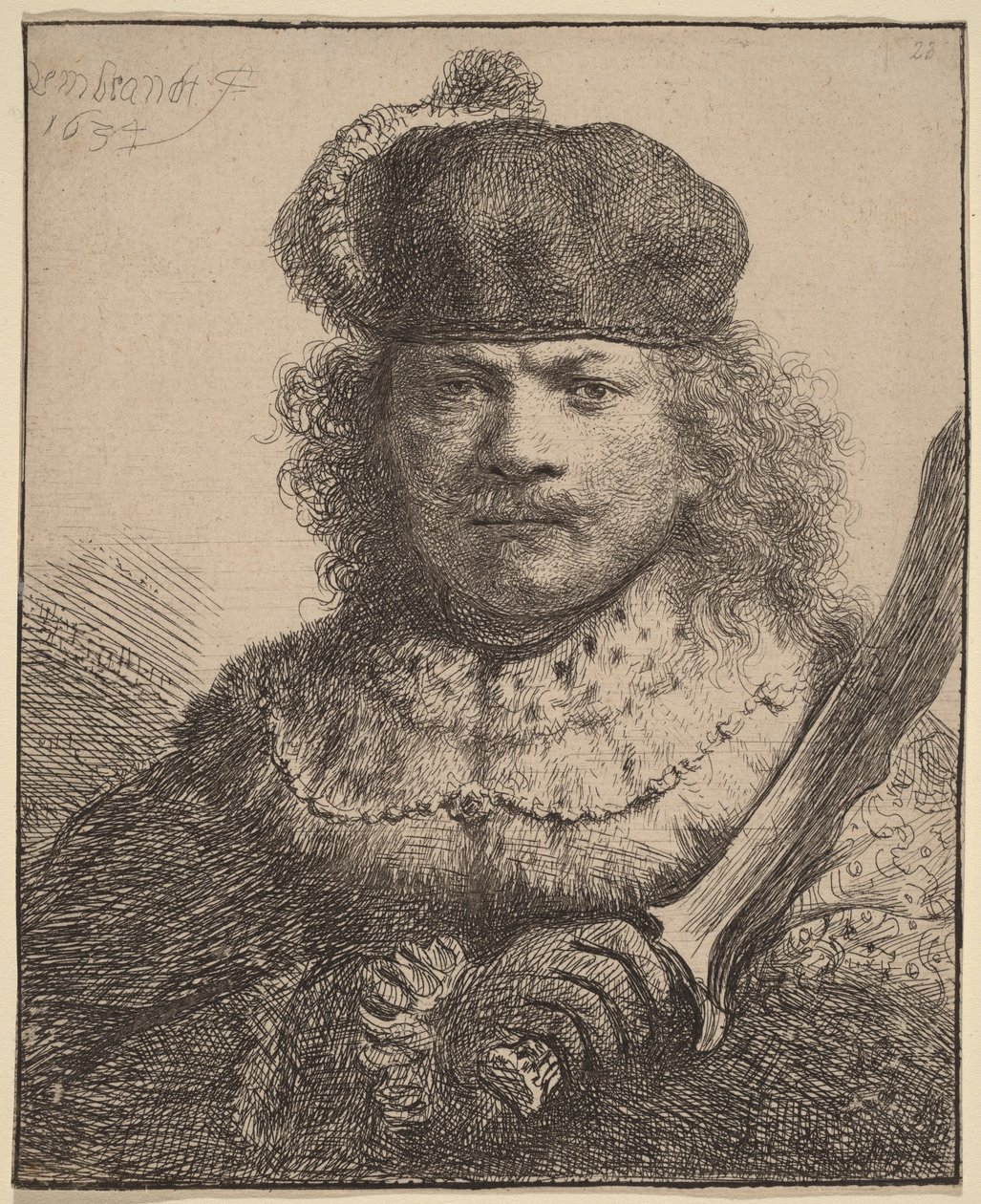 Autoportrét se zvednutou šavlí od Rembrandt van Rijn