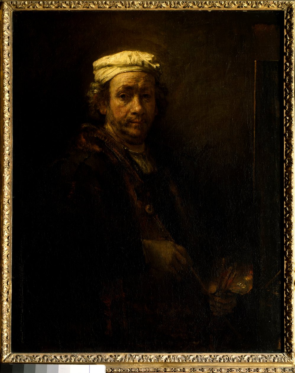 Autoportrét u stojanu. Obraz Rembrandta Harmenszoon van Rijn dit Rembrandt (1606-1669) Ec. Dutý. od Rembrandt van Rijn