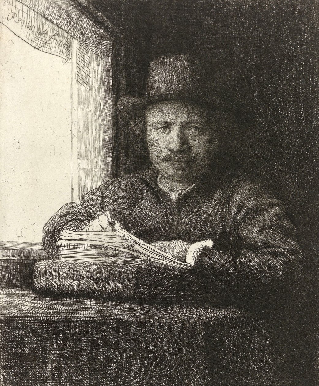 Autoportrétní lept u okna, 1648 od Rembrandt van Rijn