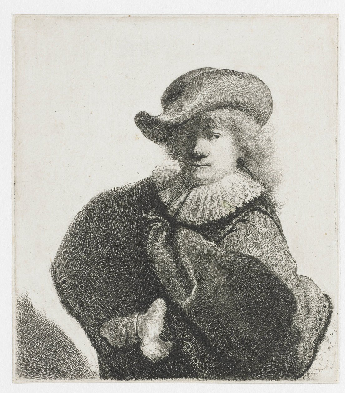 Autoportrét v měkkém klobouku a vzorovaném plášti od Rembrandt van Rijn