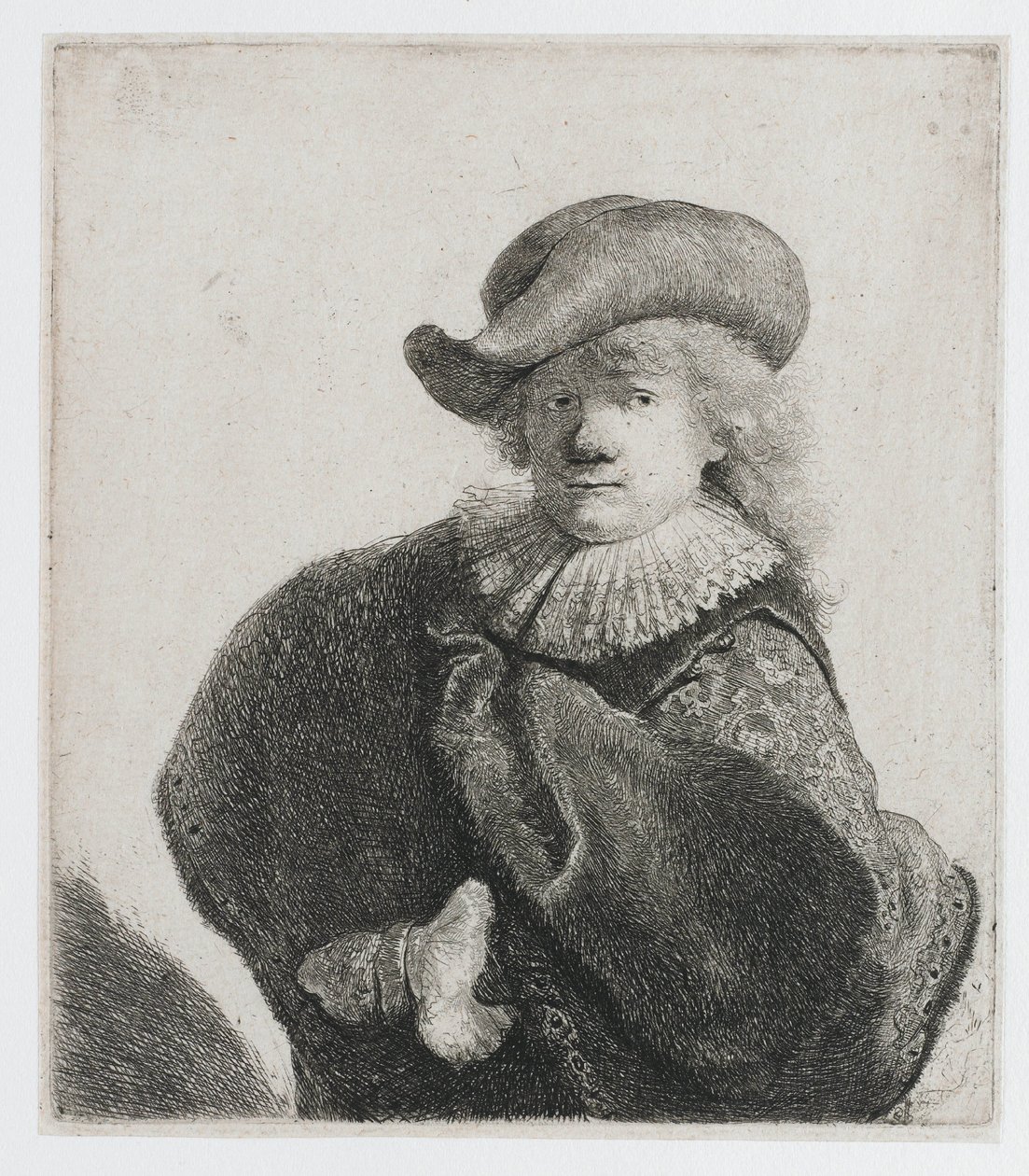 Autoportrét v měkké čepici a vzorovaném plášti od Rembrandt van Rijn