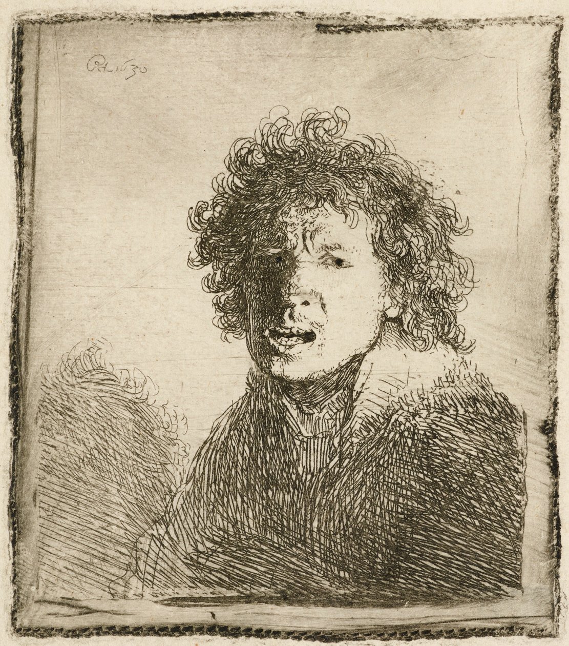 Autoportrét s otevřenými ústy, jako by křičel: poprsí, 1630. od Rembrandt van Rijn