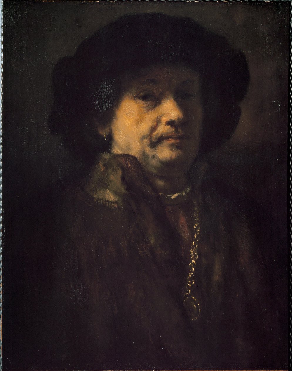 Autoportrét s náušnicí a zlatým řetízkem (Malba od Rembrandt van Rijn