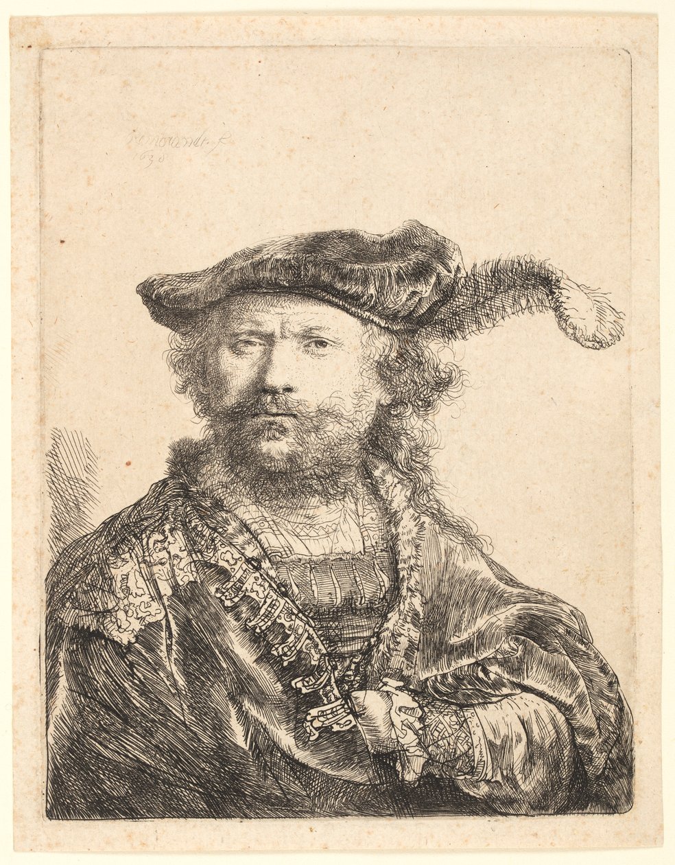 Autoportrét v sametové čepici s chocholem od Rembrandt van Rijn