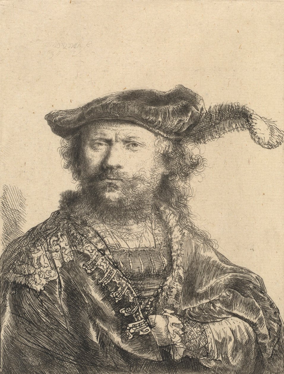 Autoportrét v sametové čepici s chocholem, 1638 od Rembrandt van Rijn