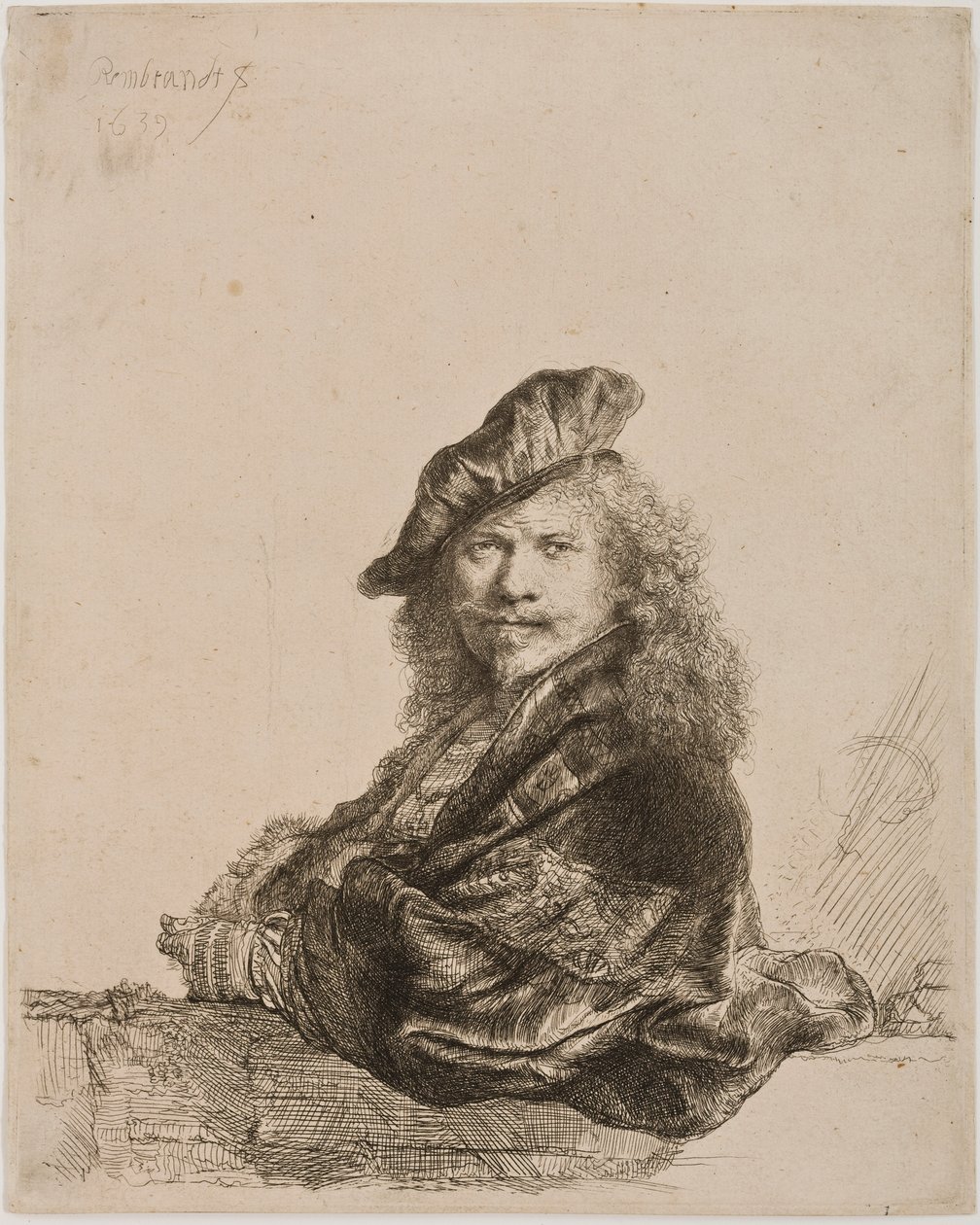 Autoportrét opřený o okenní parapet, 1639 (lept a suchá jehla) od Rembrandt van Rijn