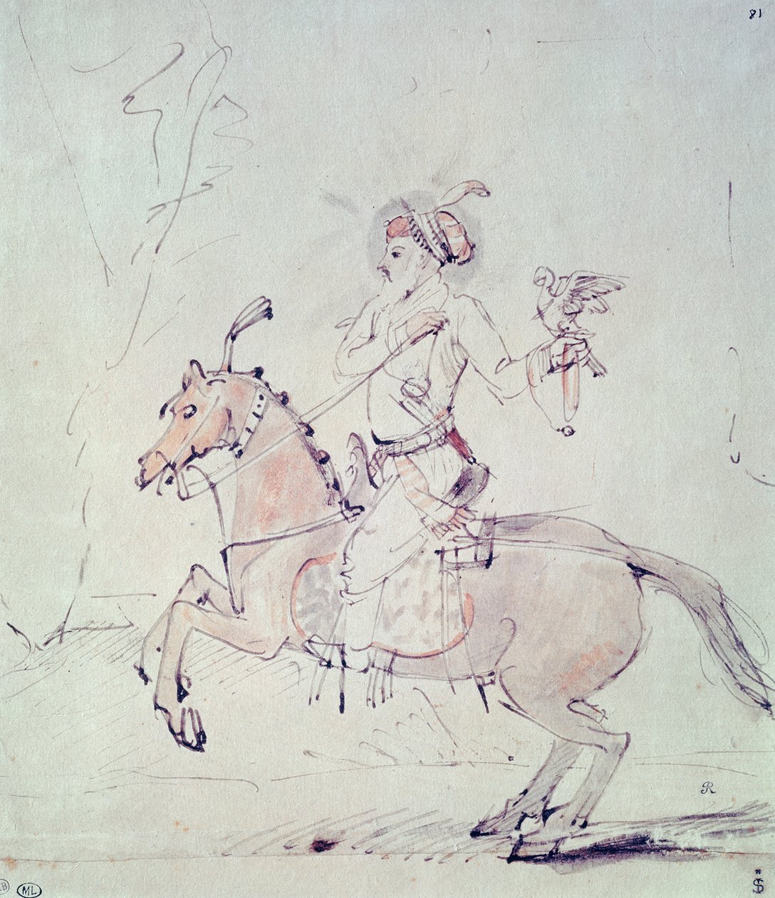 Shah Jehan se sokolem na koni (pero a inkoust a wc na papíře) od Rembrandt van Rijn