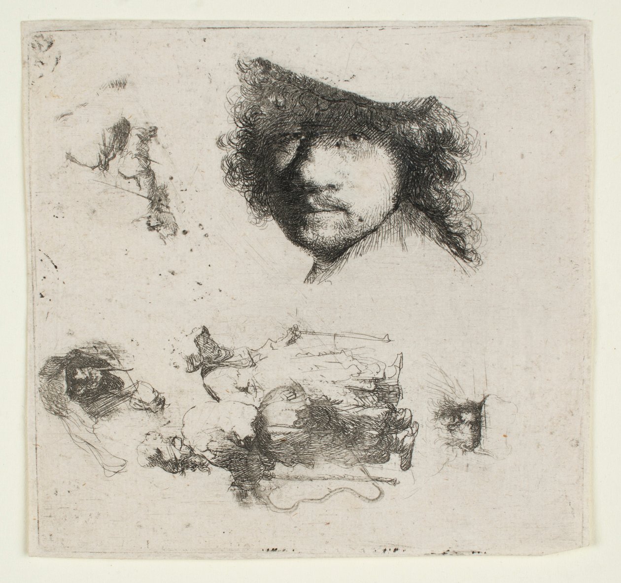 Série studií: Hlava umělce, žebrácký pár, hlavy starého muže a staré ženy atd. od Rembrandt van Rijn