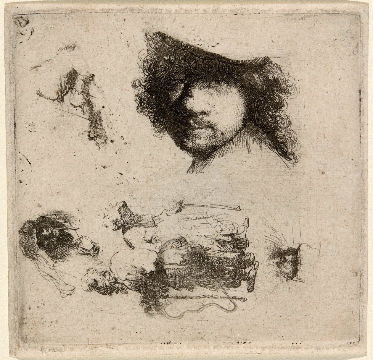 Studijní list: Hlava umělce, Žebrácký pár, Hlavy starce a stařeny atd. od Rembrandt van Rijn