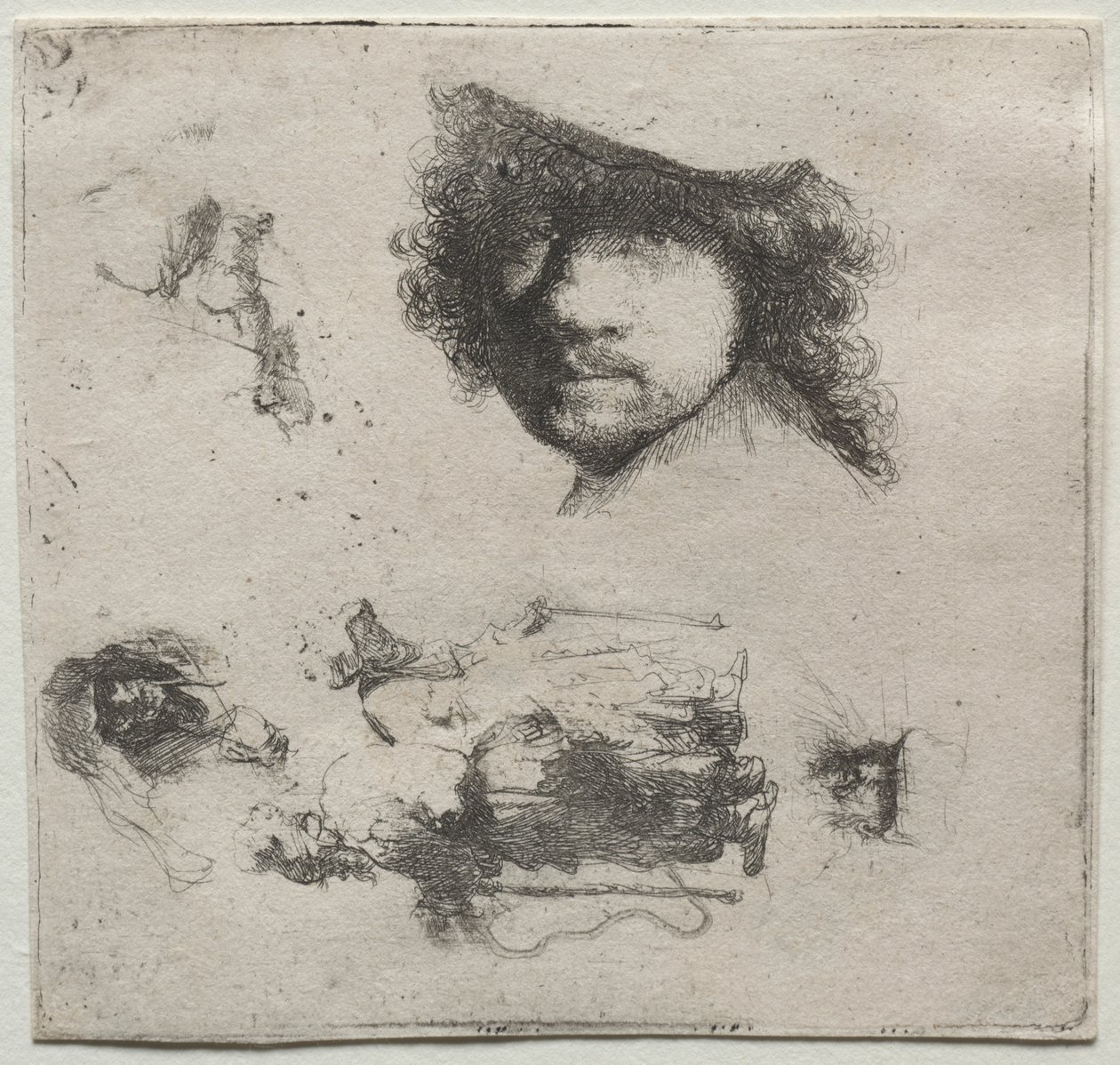 Studijní list: Autoportrét, žebrácký pár atd. od Rembrandt van Rijn