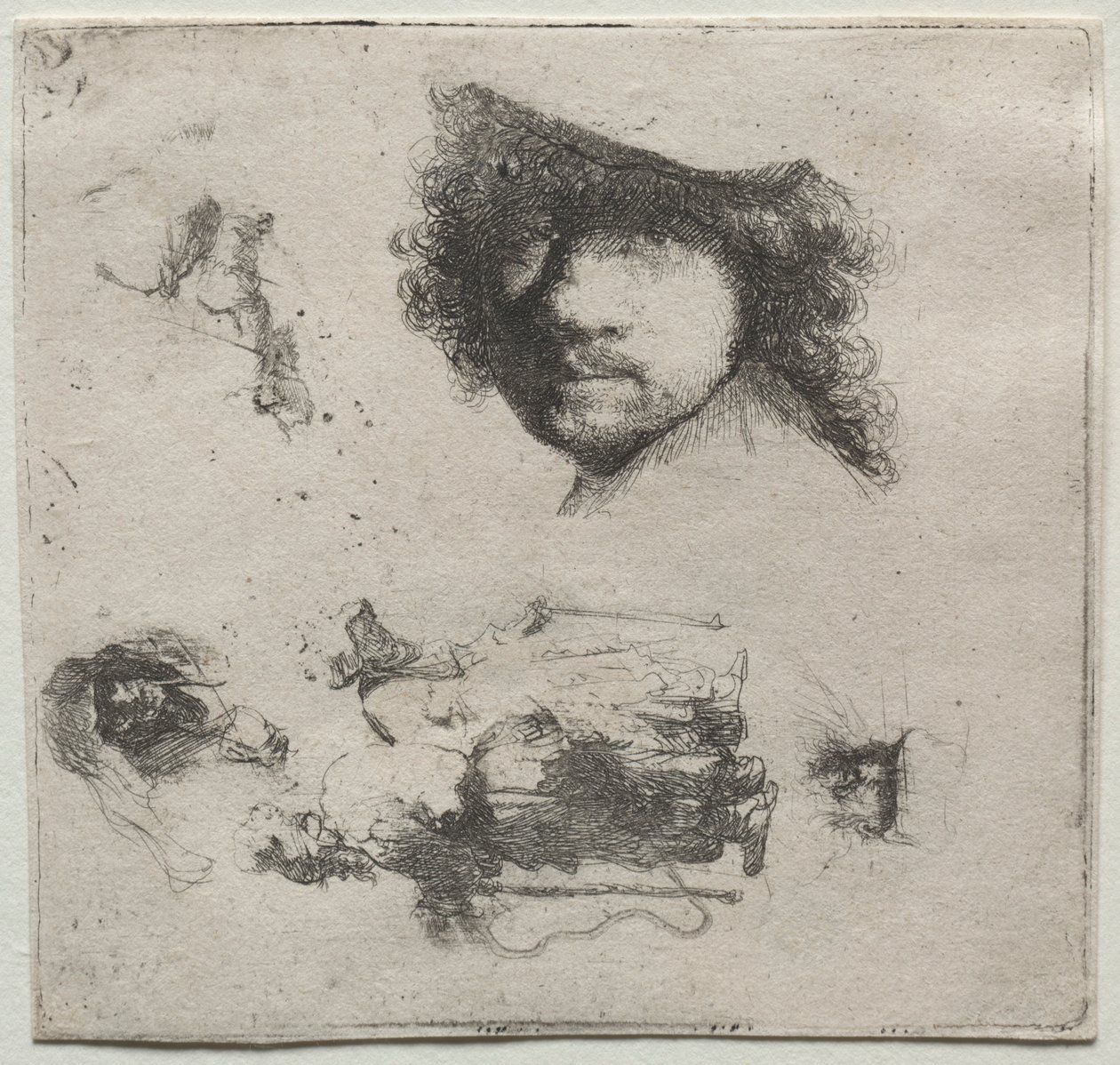 Studijní list: Autoportrét, žebrácký pár atd., c. 1632. od Rembrandt van Rijn